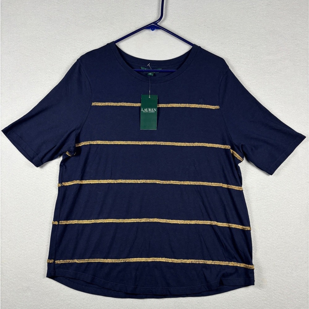 Lauren Ralph Lauren Beaded Stripe Short Sleeve Tee Size L Navy Gold